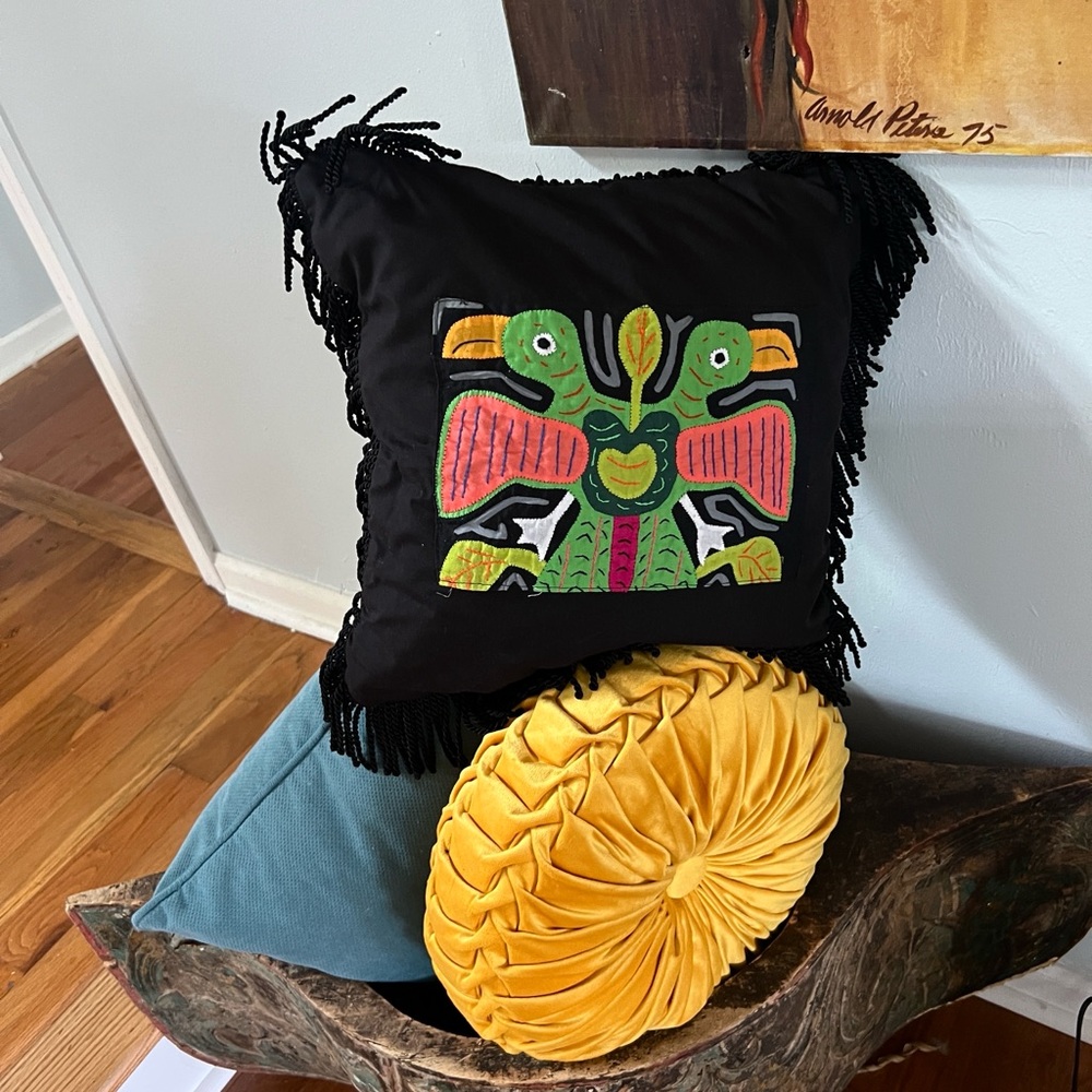 Mola Fringed Pillow, 18”, Traditional Folk-Art, Colombian by Panamanian Guna.